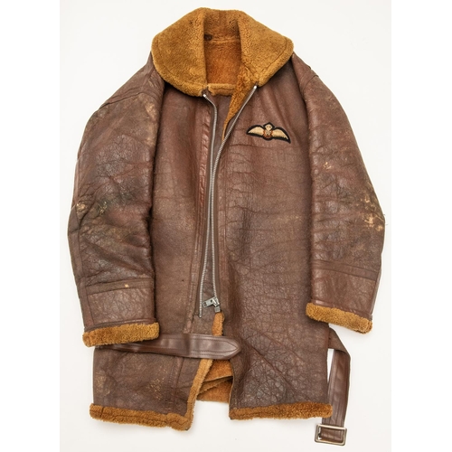 280 - A fleece lined leather flying jacket, with added leather half belt and RAF pilot's wings. GC £200-22... 