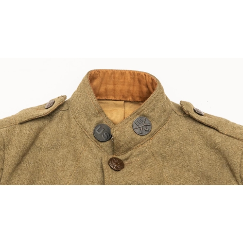 284 - A WW US Infantry privates uniform, comprising khaki SD jacket wtih 110th Regiment insignia and red s... 