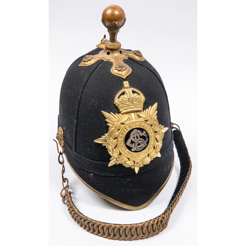 302 - An officer's blue cloth helmet of the Army Service Corps, with brass mounts including ball top, and ... 