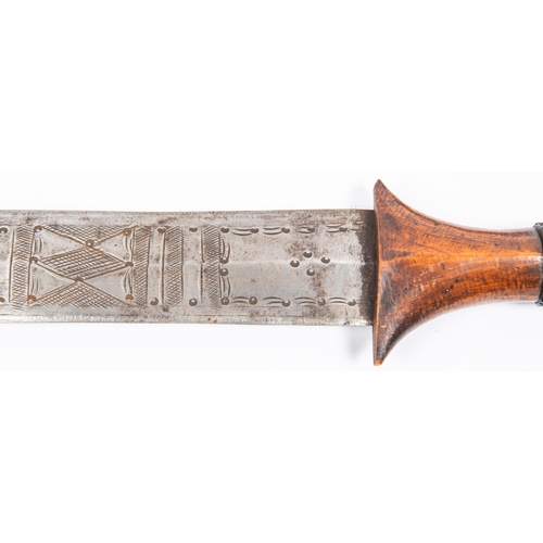 329 - An African long knife or short sword, double edged blade 19½