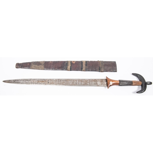 329 - An African long knife or short sword, double edged blade 19½