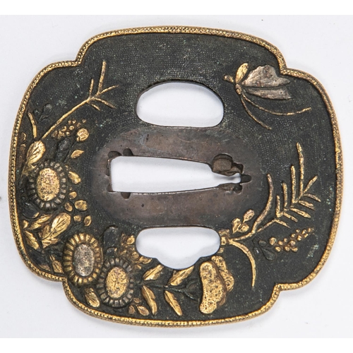 356 - A bronzed tsuba, of quatrefoil shape, with gold rim, embossed and overlaid with gold and silver flow... 