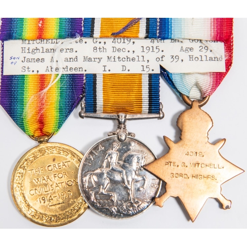 44 - Three: 1914-15 star, BWM, Victory (4019 Pte G. Mitchell Gord. Highrs), GVF. Note: Private Mitchell, ... 