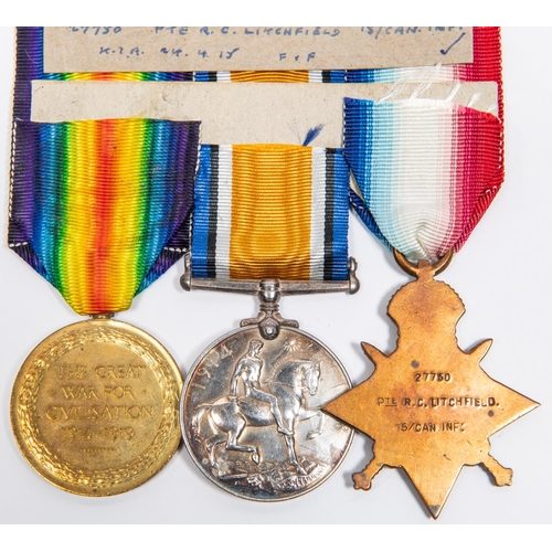 46 - Three: 1914-15 star, BWM, Victory (27750 Pte R C Litchfield 15/Can Inf:) GVF. Note: Reginald Charles... 