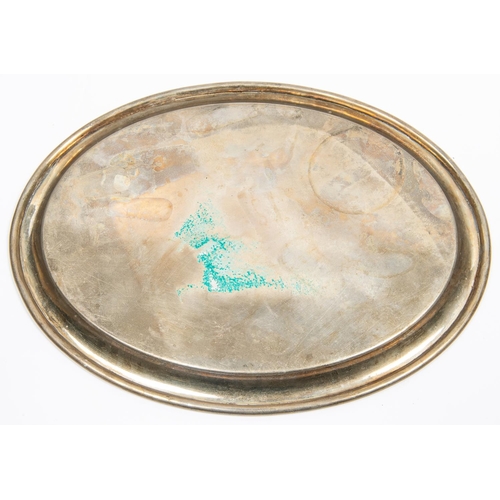 65 - An oval nickel silver mess tray, engraved 