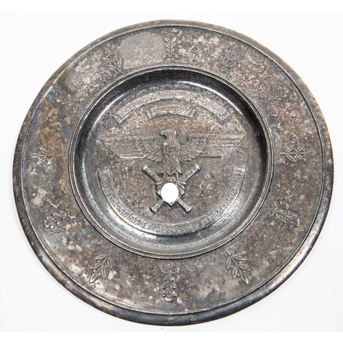 66 - A rare Third Reich honour award silver plated shallow dish, the centre embossed with eagle and swast... 