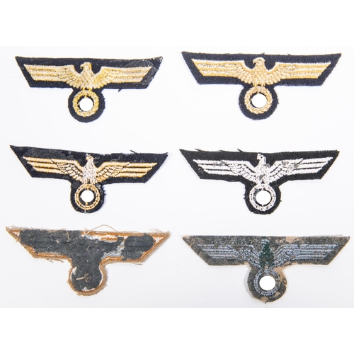 84 - 6 Third Reich embroidered breast eagles: three yellow on black (naval), one white on black (Panzer);... 