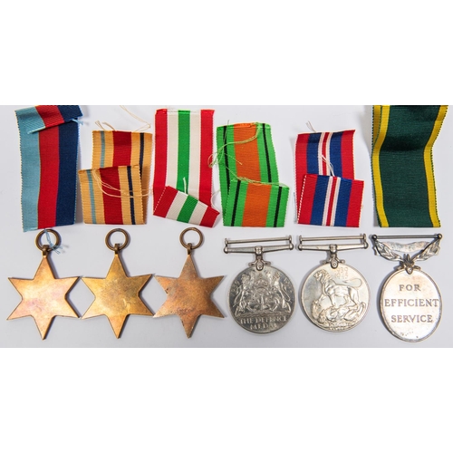 54 - Six: 1939-45 star, Africa star, Italy star, Defence and War (un-named as issued) EF; and Efficiency ... 