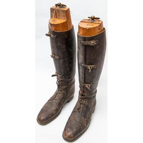 300 - A pair of WWI officers 3 strap brown boots, complete with wooden trees. Generally GC (soles AF) £50-... 