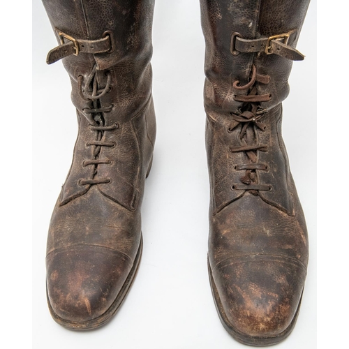 300 - A pair of WWI officers 3 strap brown boots, complete with wooden trees. Generally GC (soles AF) £50-... 