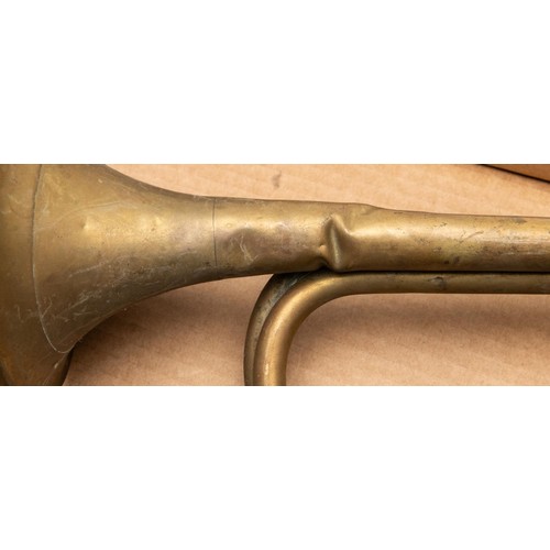 158 - A Victorian Infantry copper bugle; another similar copper bugle; 2 brass cavalry trumpets. All with ... 