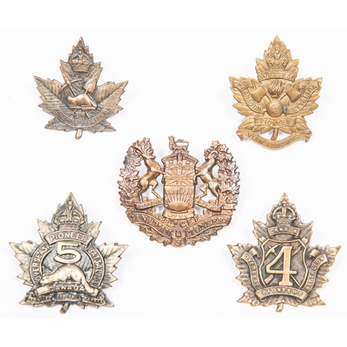 189 - 5 WWI CEF cap badges of the 1st, 2nd, 3rd, 4th and 5th Pioneer Battalions. GC £80-120