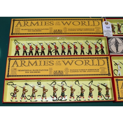 104 - 4 sets of metal soldiers by ALBA miniatures, Armies of The World. 3 unnamed sets and No.74 Highlande... 