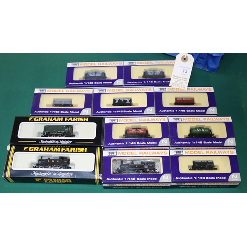 13 - N Gauge Model Railway. 2 Graham Farish. A BR Class 08 diesel shunter, RN D4019, plus an LMS Class 3F... 