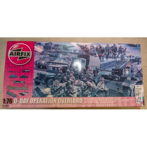 143 - 7 Airfix unmade kits. 1:76 D Day Operation Overlord. 2x 1:76 European Brewery. 1:48 North American F... 