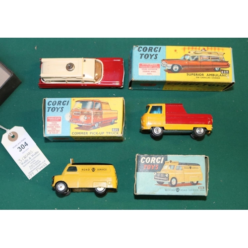 304 - 3 Corgi models. 437 Superior ambulance on Cadillac chassis, with battery compartment and bulb, 465 C... 