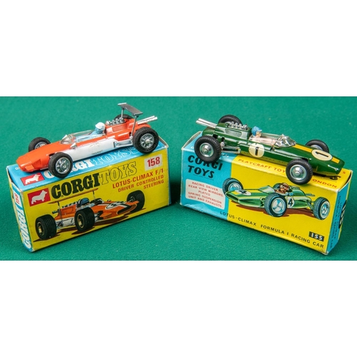 307 - 2 Corgi Toys single seat racing cars. Lotus-Climax Formula 1 Racing Car (155). In B.R.G. with yellow... 