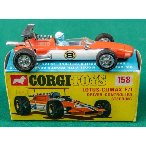 307 - 2 Corgi Toys single seat racing cars. Lotus-Climax Formula 1 Racing Car (155). In B.R.G. with yellow... 