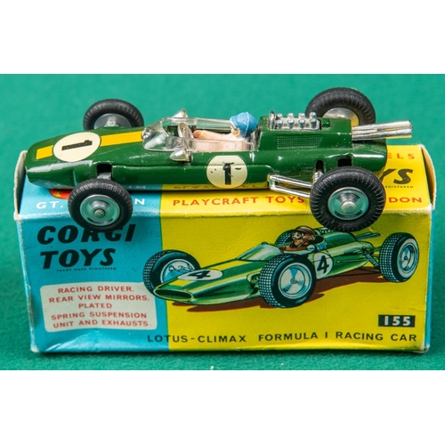 307 - 2 Corgi Toys single seat racing cars. Lotus-Climax Formula 1 Racing Car (155). In B.R.G. with yellow... 