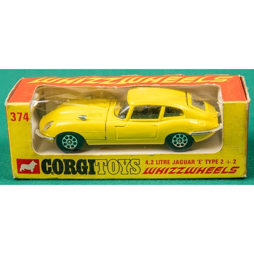 308 - 2 Corgi Toys Whizzwheels 4.2 Jaguar 'E' Type 2+2 (374). An example in and another in bright red, bot... 