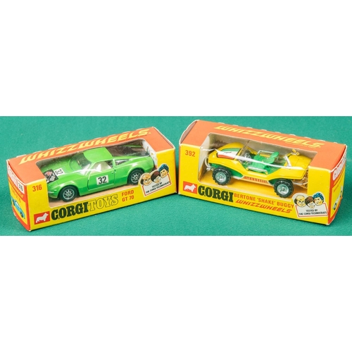 309 - 2 Corgi Toys Whizzwheels. Ford GT70 (316). In metallic lime green with black engine cover and white ... 