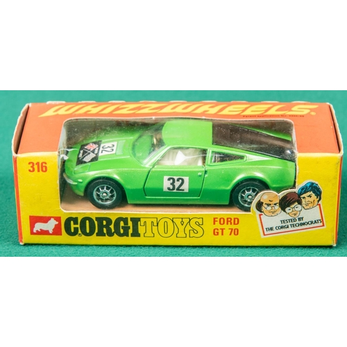 309 - 2 Corgi Toys Whizzwheels. Ford GT70 (316). In metallic lime green with black engine cover and white ... 