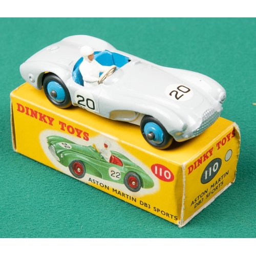 442 - Dinky Toys Aston Martin DB3 Sports (110). In light grey with blue interior and wheels, with driver, ... 