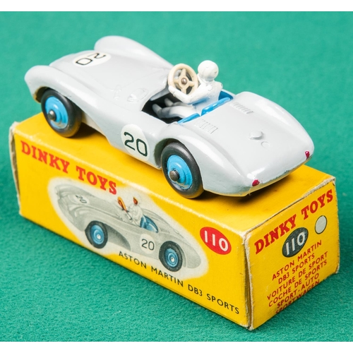 442 - Dinky Toys Aston Martin DB3 Sports (110). In light grey with blue interior and wheels, with driver, ... 