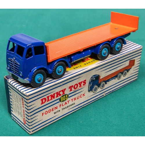 447 - Dinky Supertoys Foden Flat Truck with tailboard (903). Violet blue cab and chassis with orange flatb... 