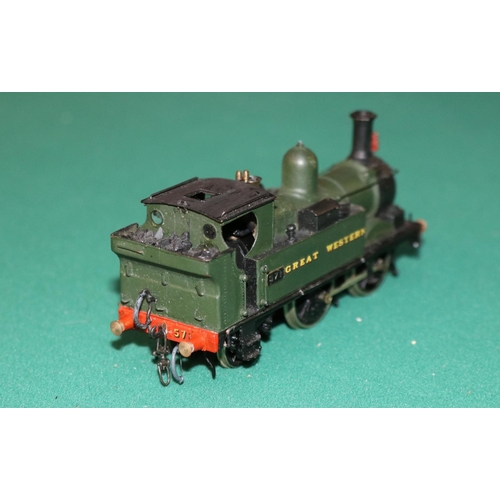 58 - A fine quality brass OO gauge 2-ril electric Great Western 0-4-2 tank locomotive, RN 571. In unlined... 