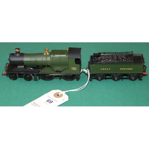 69 - A OO gauge 2-rail electric brass kit built GWR 4-4-0 Bulldog Class tender locomotive, RN 1120. In un... 