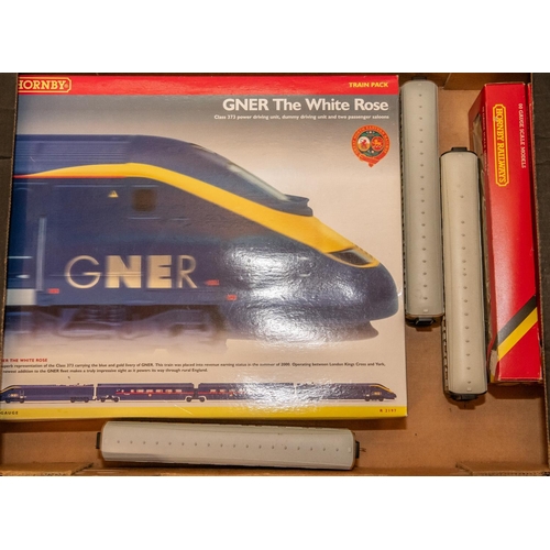 73 - Quantity of OO gauge railway by Hornby etc. A train pack, GNER The White Rose comprising a class 373... 