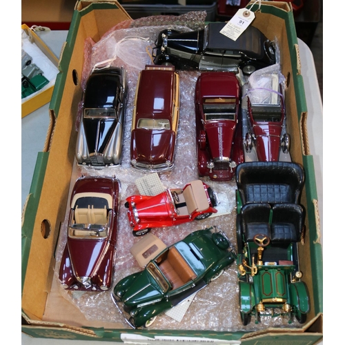 91 - 9 Franklin mint cars. 1936 Ford in green, no hood, comes with the tie on label, 1957 Mercedes Benz 3... 