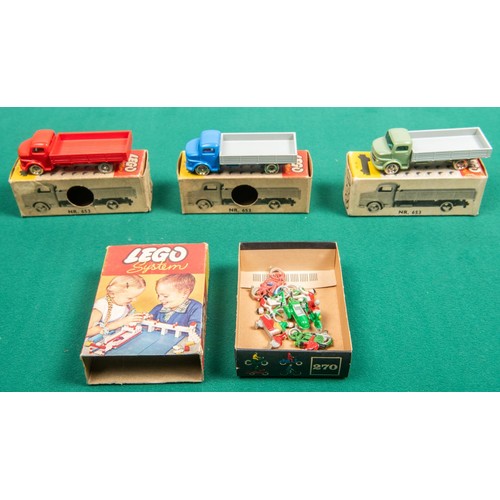 242 - 3 Scarce Lego HO scale No.653 trucks, dating from the 1960s. All on Mercedes cabs, Blue & grey, gree... 