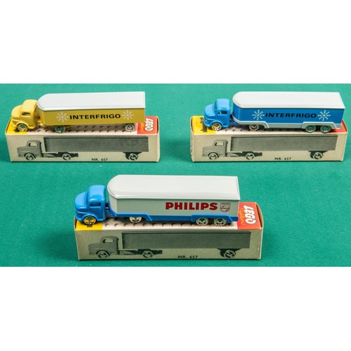 243 - 3 Scarce Lego No.657 box trucks. All on Mercedes cabs, Blue and white  with grey roof (Philips), all... 