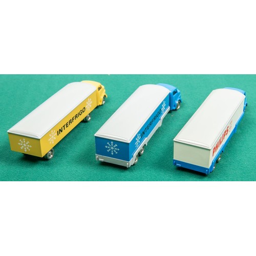 243 - 3 Scarce Lego No.657 box trucks. All on Mercedes cabs, Blue and white  with grey roof (Philips), all... 