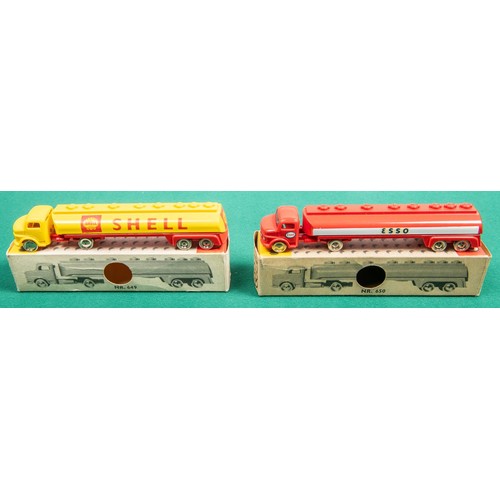 244 - 2 Scarce Lego HO scale Fuel tankers on Mercedes cabs. Dating from the 1960s. No.649 Yellow & red ( S... 