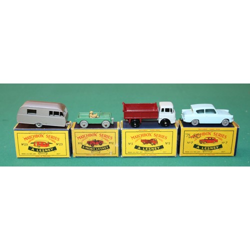 273 - 4 Matchbox Series. No.3 Bedford Tipper Truck, BPW. No.7 Ford Anglia GPW. No.12 Land Rover, MW. No.23... 