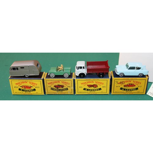 273 - 4 Matchbox Series. No.3 Bedford Tipper Truck, BPW. No.7 Ford Anglia GPW. No.12 Land Rover, MW. No.23... 