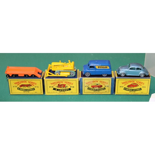 274 - 4 Matchbox Series. No.16 Atlantic Transporter (Trailer) with BPW. No.18 Bulldozer with green rubber ... 