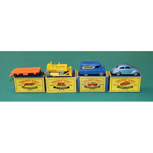 274 - 4 Matchbox Series. No.16 Atlantic Transporter (Trailer) with BPW. No.18 Bulldozer with green rubber ... 