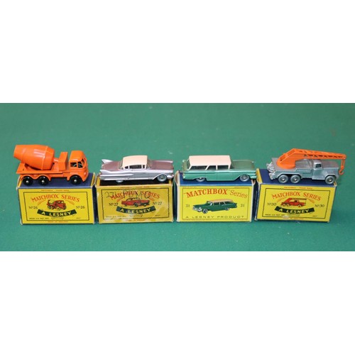 275 - 4 Matchbox Series. No.26 Foden Cement Lorry, BPW. No.27 Cadillac Sixty Special, SPW, with maroon bas... 