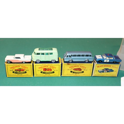 276 - 4 Matchbox Series. No.34 Volkswagen Camping Car, light green example, GPW. No.40 Long Distance Coach... 