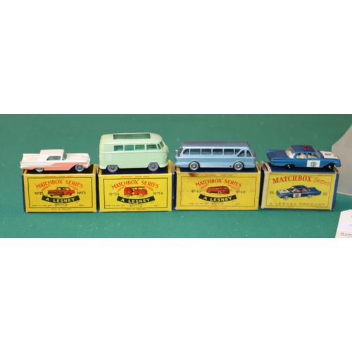 276 - 4 Matchbox Series. No.34 Volkswagen Camping Car, light green example, GPW. No.40 Long Distance Coach... 