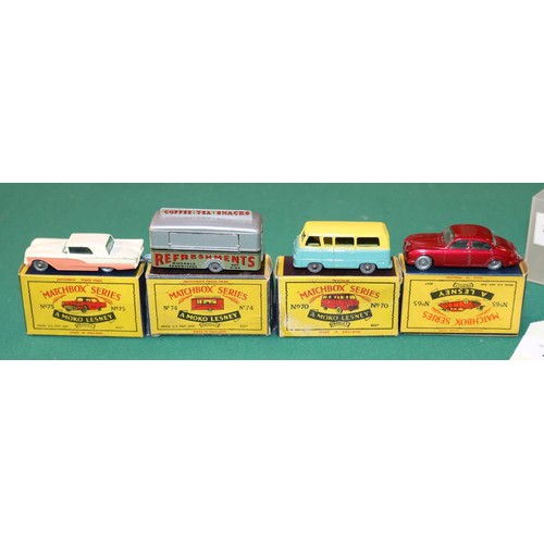 277 - 4 Matchbox Series. No.65 Jaguar Sedan (3.4 litre), metallic red example, SPW. No.70 Ford Thames Esta... 