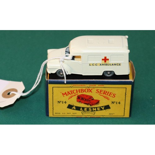 278 - A Scarce Matchbox Series No.14 Bedford Lomas Ambulance. An example with off-white body, with locatin... 