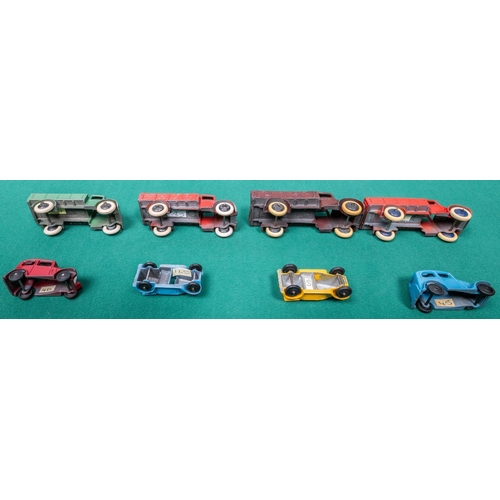 280 - 8 Dinky Toys. 4 early open back Motor Trucks (22c), all pre-war examples, green black wheels, red/bl... 