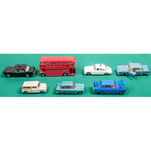 282 - 7 Dinky Toys. Triumph Vitesse in metallic green with white stripe and red interior. Ford Consul Cort... 