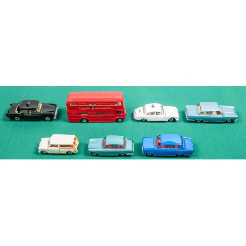 282 - 7 Dinky Toys. Triumph Vitesse in metallic green with white stripe and red interior. Ford Consul Cort... 