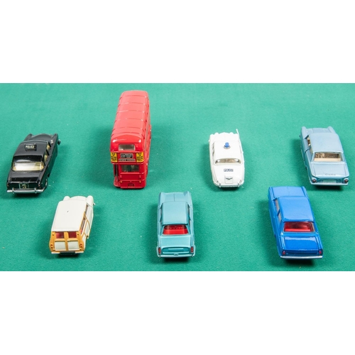 282 - 7 Dinky Toys. Triumph Vitesse in metallic green with white stripe and red interior. Ford Consul Cort... 